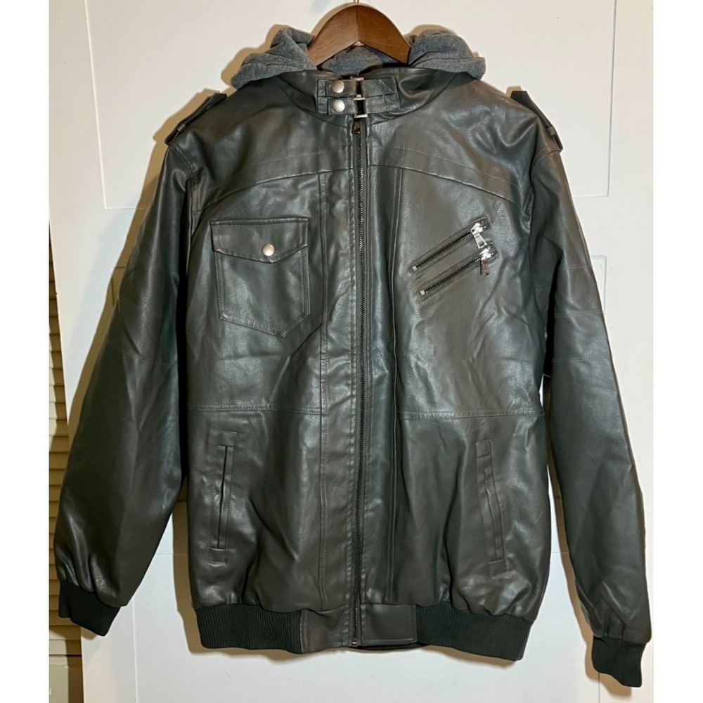 Men's Size Large Gray Faux Leather Bomber Jacket Hood Grunge Moto Full‎ Zip Warm